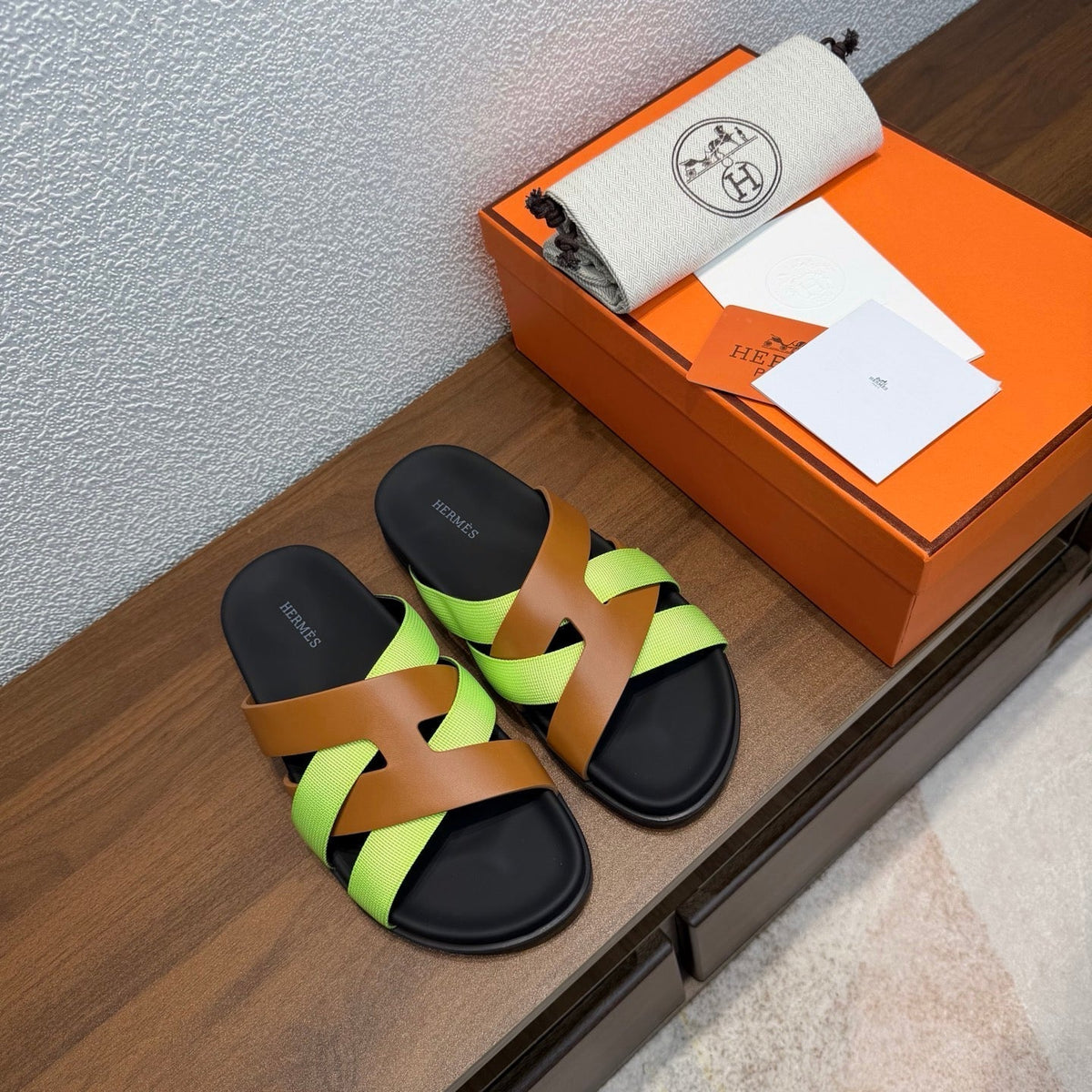 HM 26s Kazimir Sandal In Brown Calfskin And Lime Green Fabric