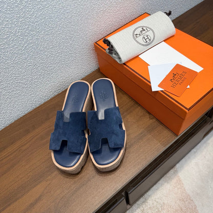 HM 26s H Cut Platform Slides In Navy Blue Suede Cork Sole