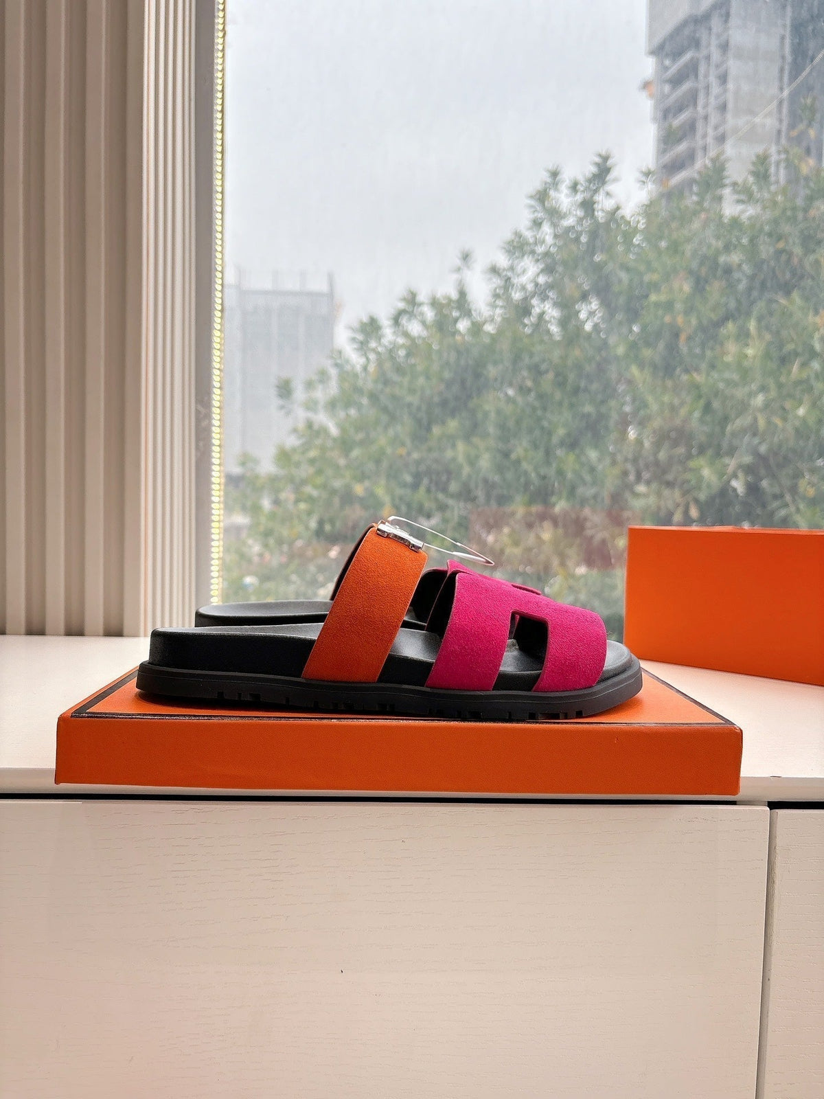 HM 25 Chypre Sandal Orange Red Suede Calfskin Silver H