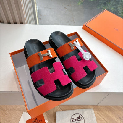 HM 25 Chypre Sandal Orange Red Suede Calfskin Silver H