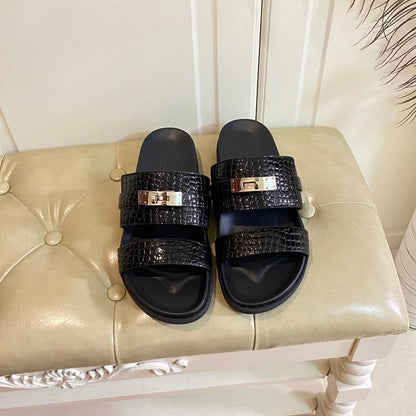HM Jackson Sandal Black Embossed Pattern Cowhide 958028