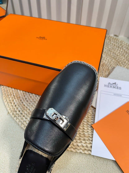 HM Feria Espadrille Mule Black Calfskin