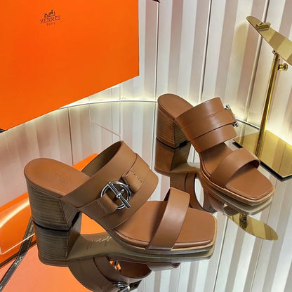 HM 26ss Kelly Buckle High-Heeled Sandals Brown Calfskin 641965