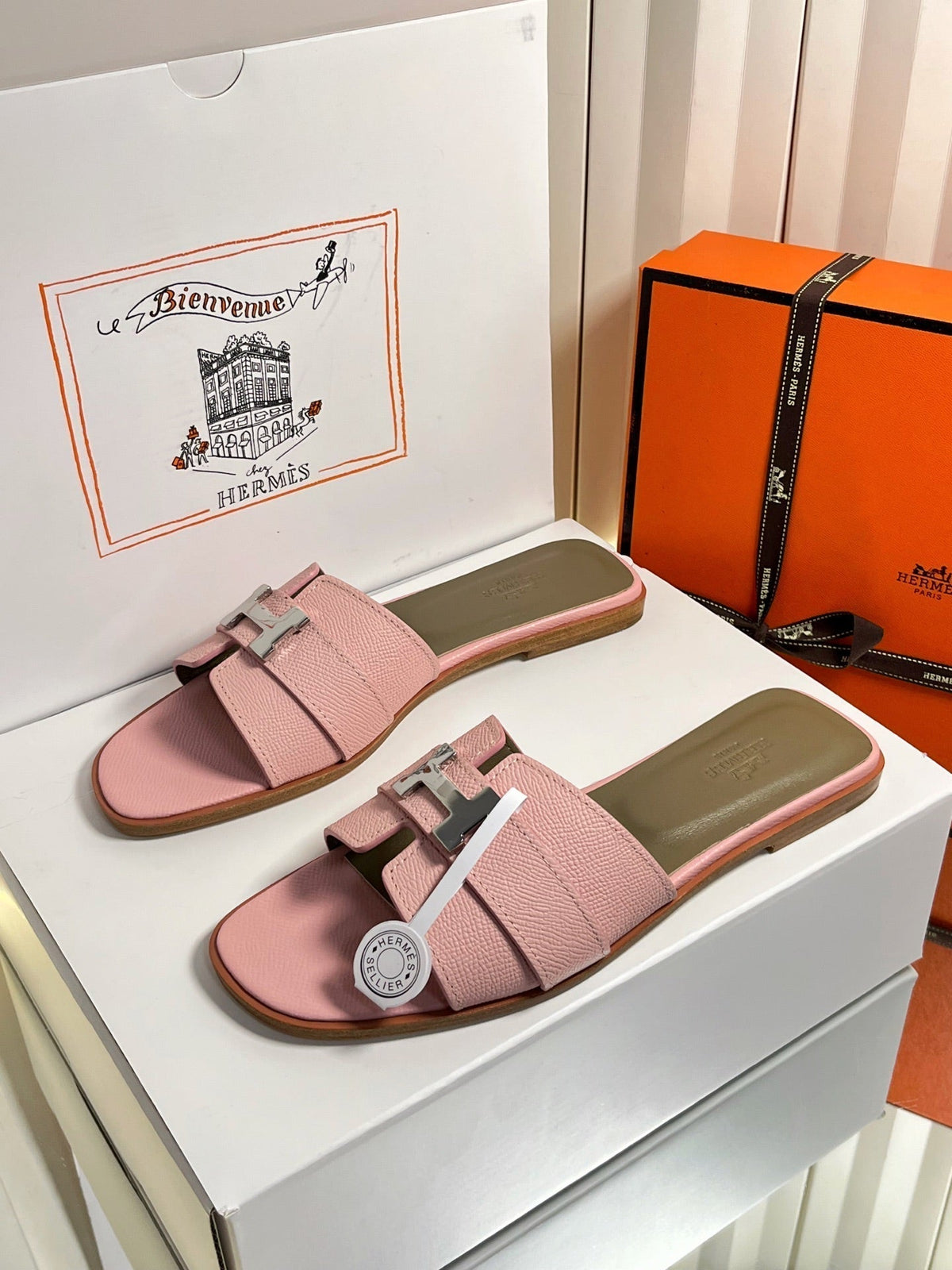HM 26s Oran Sandals In Pink Epsom Calfskin Silver Hardware