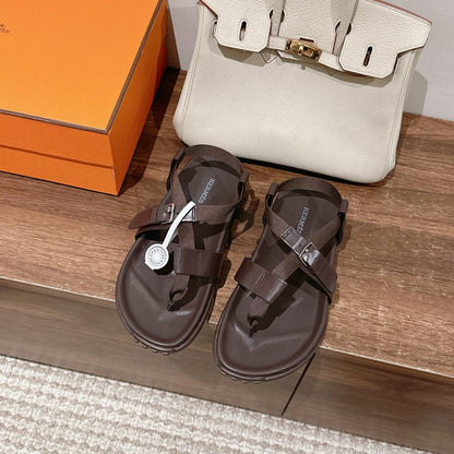 HM Inboard Sandals Coffee Canvas Leather 849581