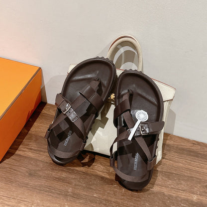 HM Inboard Sandals Coffee Canvas Leather 849581