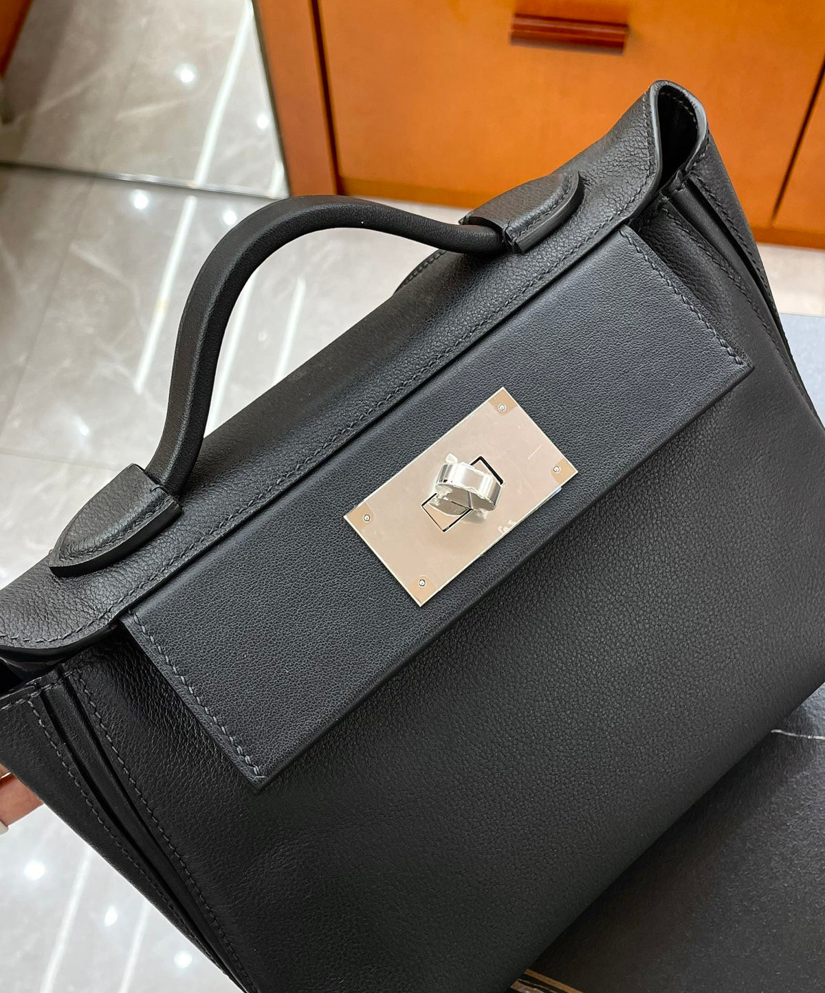 HM Mini 24 Sur 24 Bag 21cm Black Swift Cowhide Silver Hardware 250278