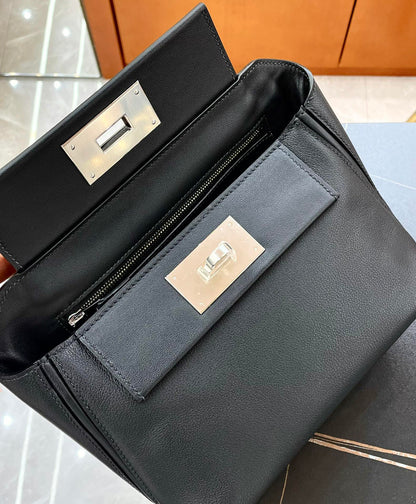 HM Mini 24 Sur 24 Bag 21cm Black Swift Cowhide Silver Hardware 250278