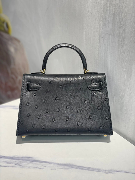 Hermes Kelly 19 Sellier Black Ostrich Leather Bag GHW (need 25 day to produce) 270332