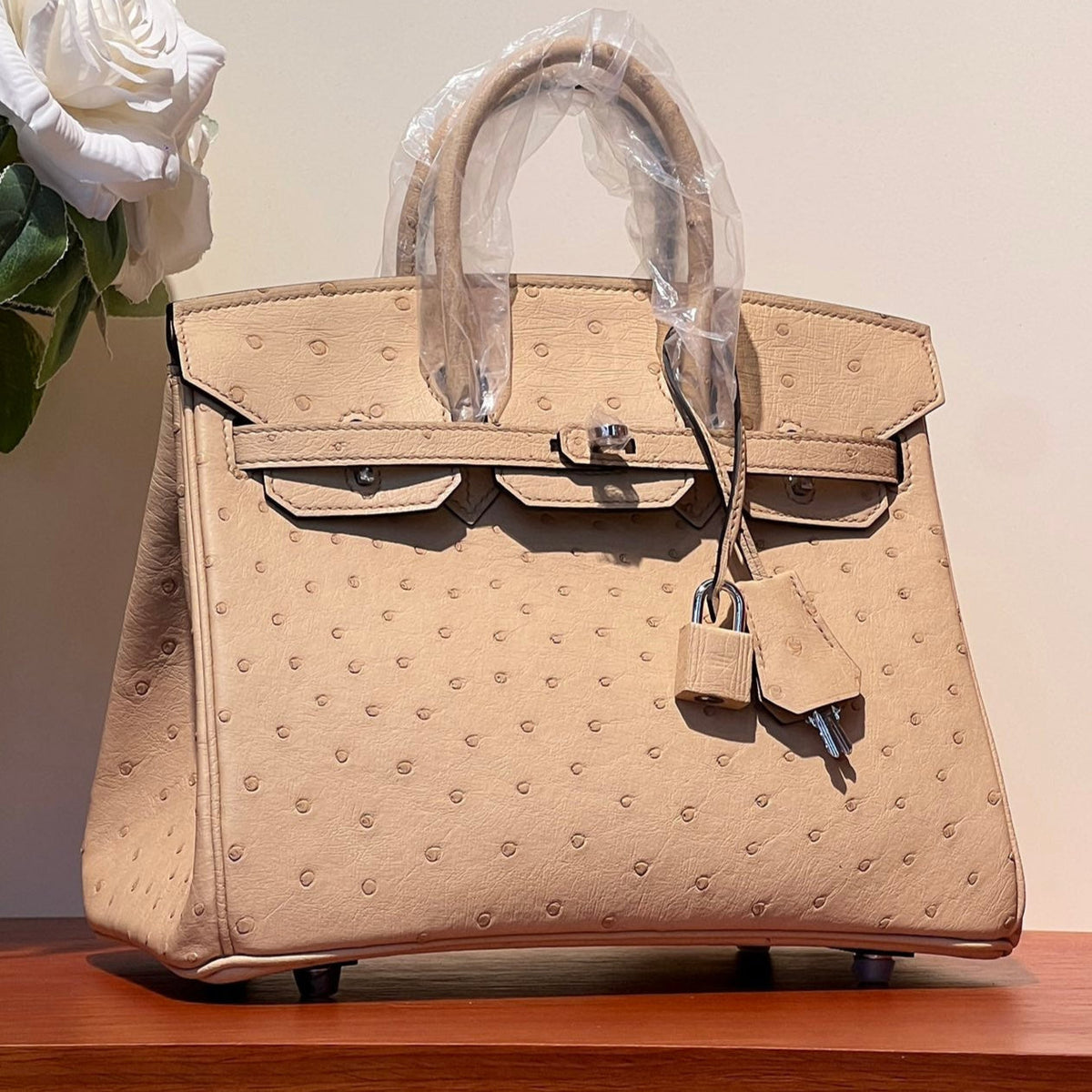 KELLY SELLIER 25 BAG IN CAMEL BEIGE OSTRICH LEATHER WITH SILVER HARDWARE (MADE - TO - ODER)