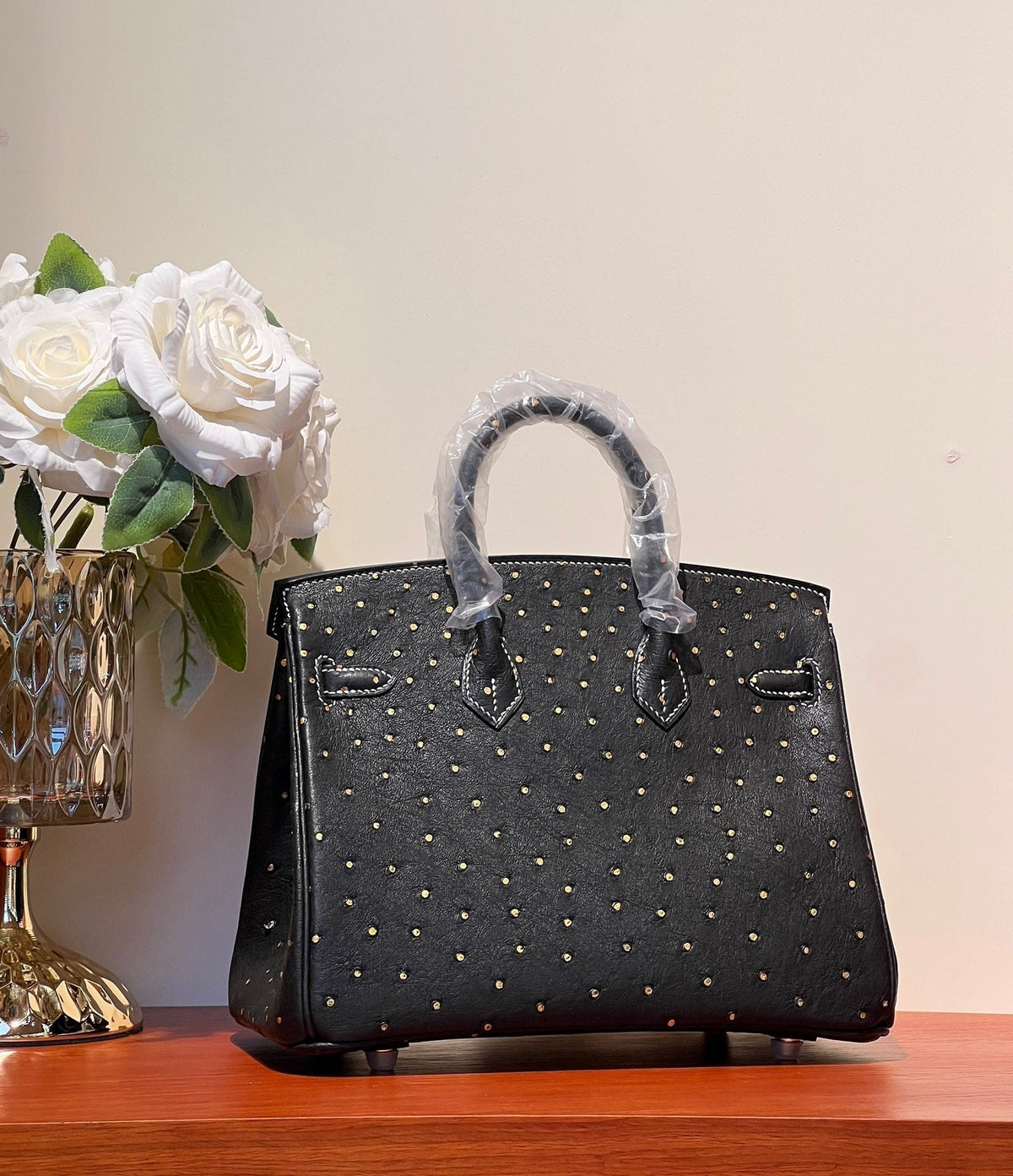 KELLY SELLIER 25 BAG IN BLACK OSTRICH LEATHER WITH GOLD RHINSTONES (MADE - TO - ODER)