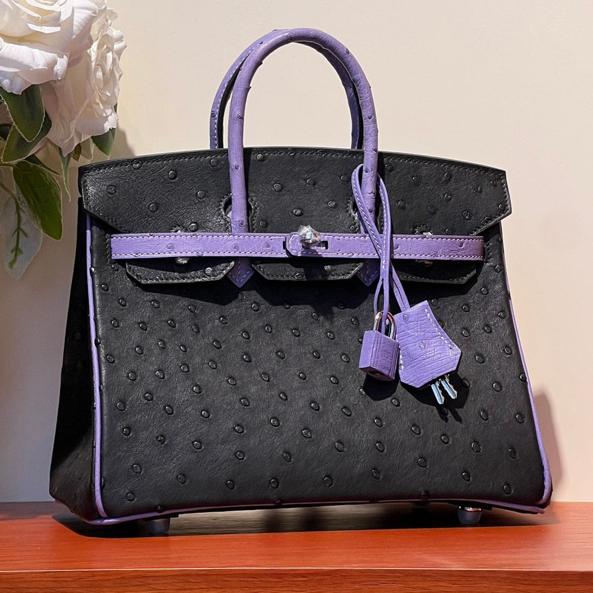 KELLY SELLIER 25 BAG IN BLACK MIX AMETHYST PURPLE OSTRICH LEATHER (MADE - TO - ODER)