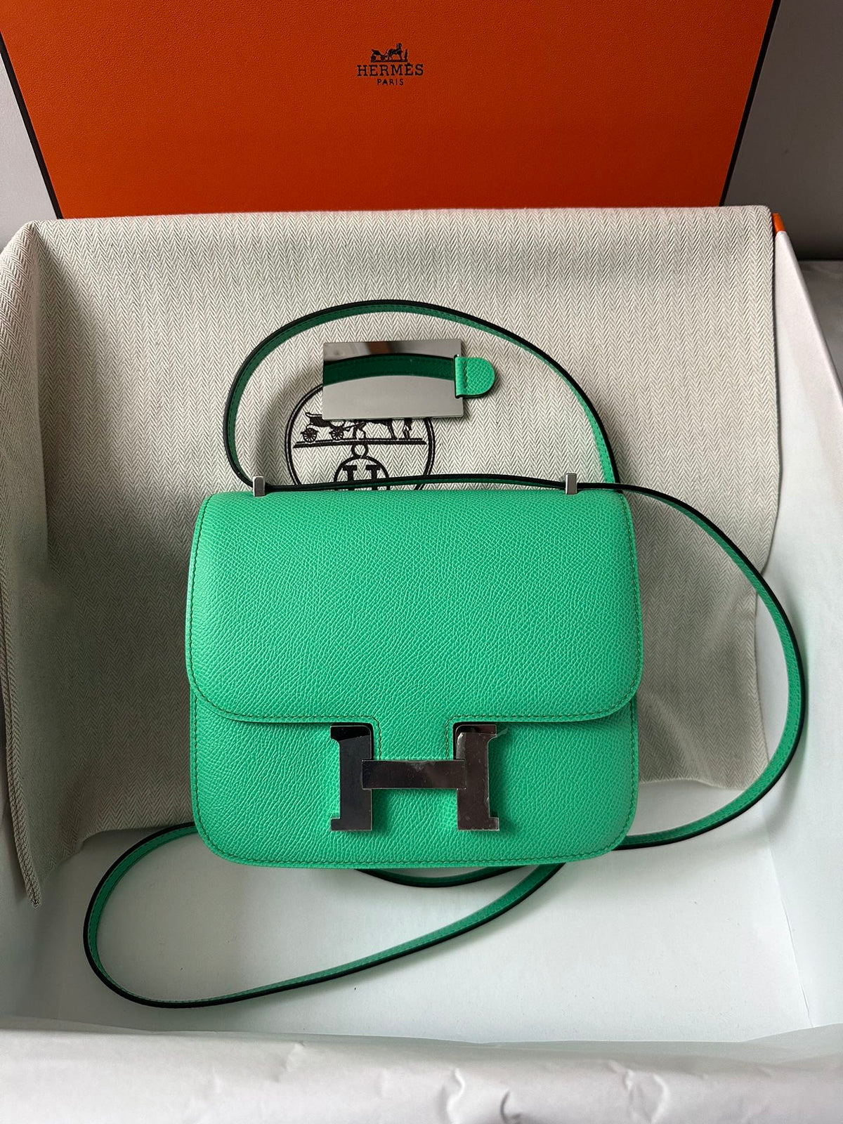 CONSTANCE 18 MINT EPSOM SILVER HARDWARE