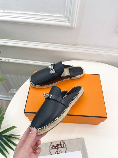 HM Feria Espadrille 20mm Black Calfskin And Handwoven Hemp Rope 967988