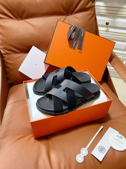 HM 2026 Cross Sandals Black Suede Calfskin 667292