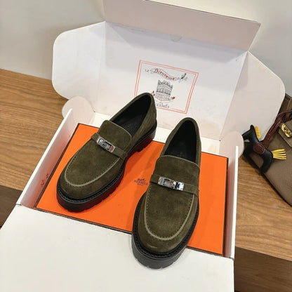 HM 26ss Loafers Olive Green Suede Sliver Buckle 638432