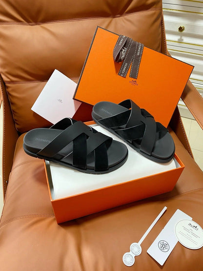 HM 2026 Cross Sandals Black Suede Calfskin 667292