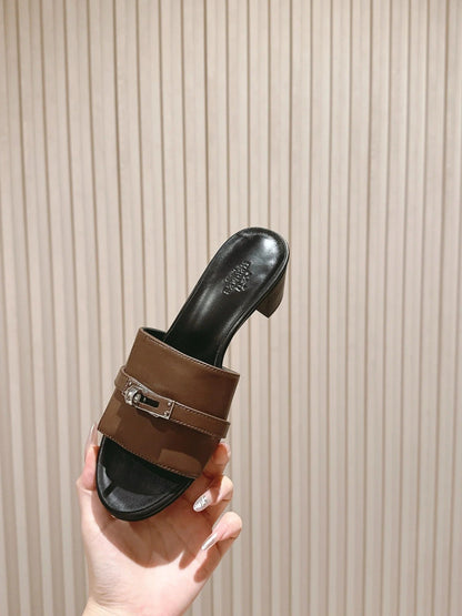 HM 2026 High Heel Slippers 65 Black Brown Calfskin 655858